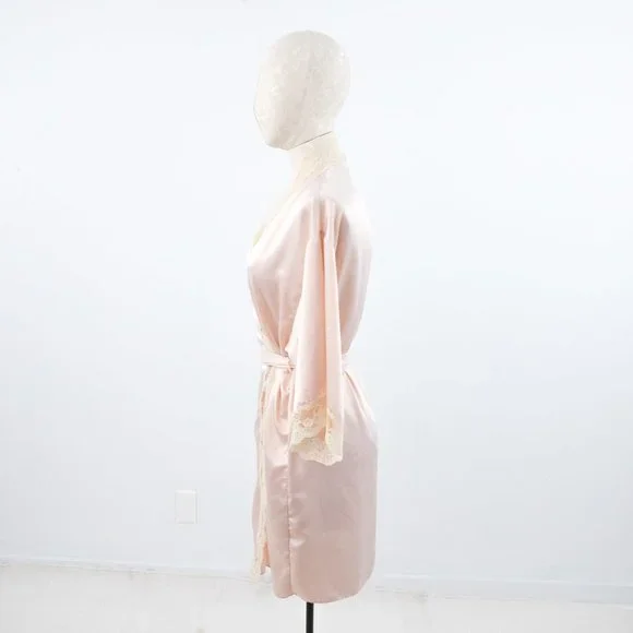 SOLD Luxury S Robe Satin Lace Kimono Pink Hollywood Glam Wedding Bridal Gift - Picture 3 of 10